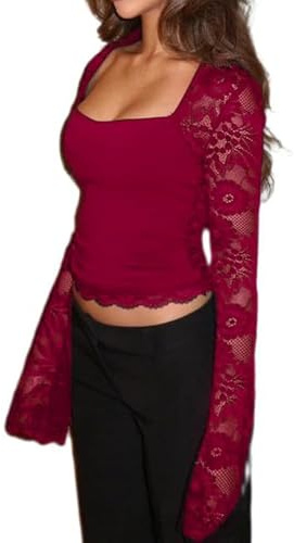 Women's Lace Trim Square Neck T Shirt Y2K Long Bell Sleeve Slim Fit Basic Crop Tops Blouse Fairy Aesthetic Tee Shirts Streetwear (B-Red, M)