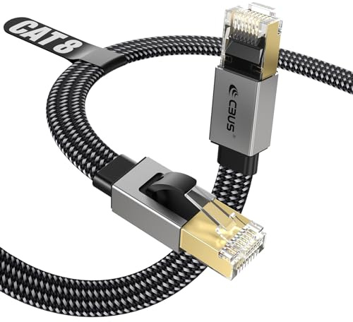 CBUS Cat 8 Ethernet Cable 5m Flat Braided 30AWG Pure Copper, F/FTP with Ground, 40Gbps 2000MHz, Slim Durable LAN Cable for Home & Office, Router, PC, Gaming, Modem – Available in 0.5m 1m 2m 3m 5m