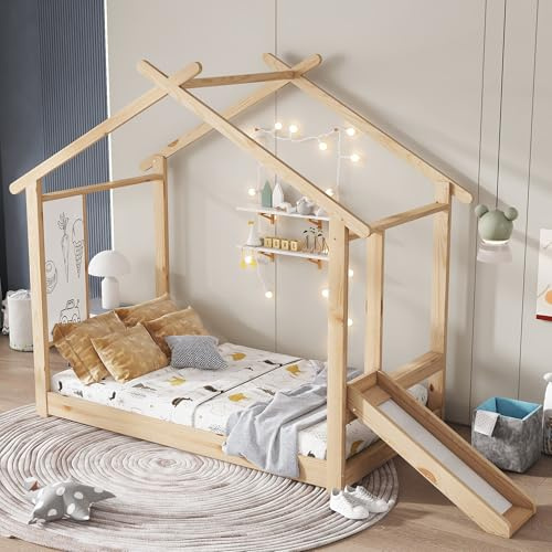 ModernLuxe Holzbett Kinderbett 90x200 cm mit Rutsche, Einzelbett Dachbett Hausbett mit beschreibbarer Weißwandtafel, Bettgestell aus Kiefer,Stabile Lattenrost, Natur (Ohne Matratze)