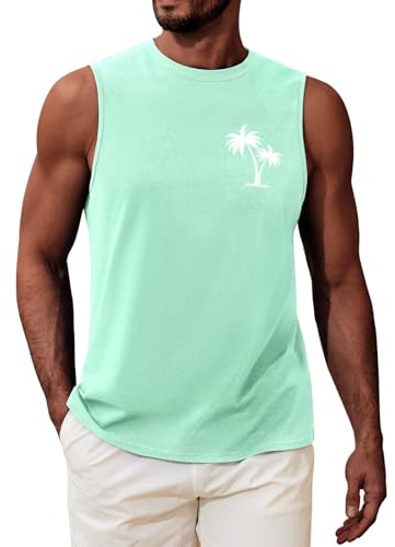 UMIPUBO Mens Top Vest Sleeveless T-Shirt Round Neck Printed Tank Top Summer Palm Tree Beach Holiday Male Casual Loose Lightweight Top