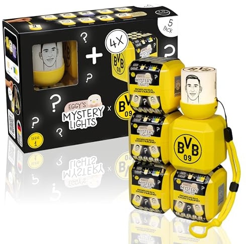MegaLight Blind Box Mini Nachtlichter 5er Pack | BVB Fanartikel Kinder | Schlotterbeck + 4 aus 9 per Zufall | USB-C AKKU | wiederaufladbar | Borussia Dortmund Fanartikel | EGGY'S Mystery Lights BVB