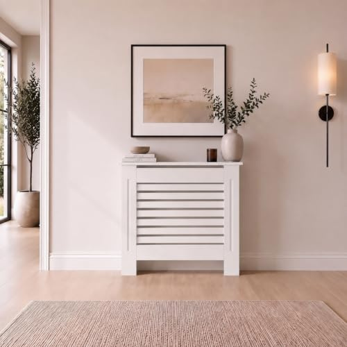 DuraTherm® Radiator Cover White Painted Modern Horizontal Slat Shelves MDF Cabinet Shelf for Radiators, Living Rooms, Bedrooms, Small (W: 78cm / H: 81.5cm / D: 19cm)