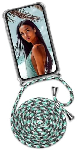 ONEFLOW Handykette für iPhone 16e Hülle mit Band, Handyhülle mit Kette abnehmbar, Handyband zum Umhängen, Handy Umhängeband Lange Handykordel, Twist Case – Mint grau