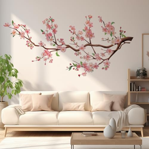 Lot de 2 stickers muraux Motif : fleurs de cerisier roses, Forte adhérence | Imperméables, Sans résidus, Pour salon, chambre à coucher, canapé, Décoration murale