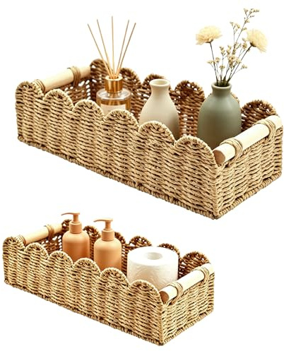 JAOUI Aufbewahrungskorb Geflochten 2er Set, Handgewebt Korb Aufbewahrung mit Holzgriffen, Dekorativer Wickeltisch Organizer Körbchen für Badezimmer Deko, Toilettenpapier, Küche & Wohnzimmer