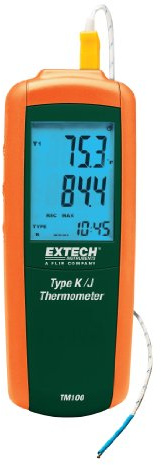 Extech TM100 Type K/J Digital Thermometer, -328 to 2501F | Type K/J input, -328 to 2501F (-200 to 1372C), MIN/MAX/avg, data hold, offset, C/F/K, bead wire probe