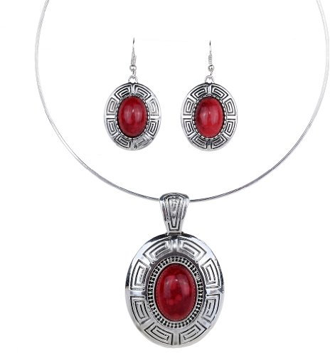 YAZILIND Ethnic tibetischen Silber Oval Rot Türkis Anhänger Erklärung Kollier Ohrringe Schmuck-Set