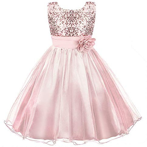 Discoball Girls Princess Dress Sequin Tulle Flower Pageant Birthday Party Wedding Bridesmaid Girl Dresses for 3-12 Years Pink