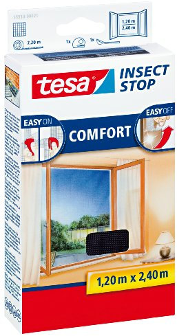 tesa Fliegengitter für bodentiefe Fenster, beste tesa Qualität, anthrazit, durchsichtig, 1.2 m x 2.4 m