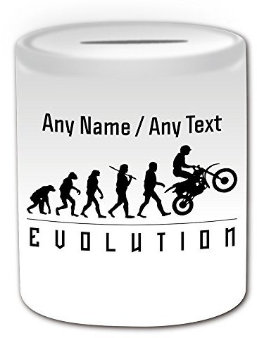 Personalisiertes Geschenk – Motorrad-Spardose, Evolution-Design-Thema, weiß