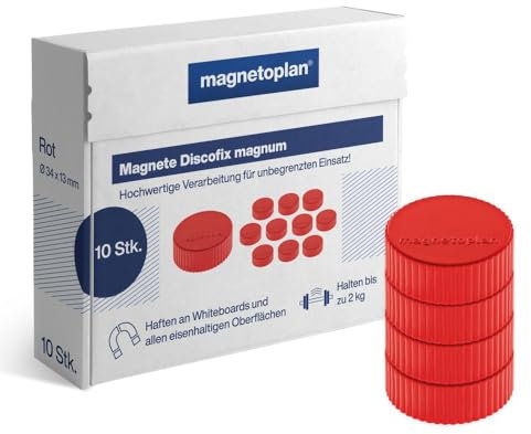 magnetoplan Premium Magnete Discofix magnum | ØxH 34x13mm | 10 Stück, rot | Haftkraft: 2 kg | Magnete für Magnettafeln und Whiteboards | Kratzfreie Spezialbeschichtung | Leicht abnehmbar
