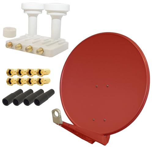 Premium X DELUXE85 Aluminium 85cm Digital SAT Schüssel Spiegel in Ziegelrot + Monoblock Quad PXMB-6QW LNB WE 0,1dB Astra 19,2° Hotbird 13° + 4X Gummitülle und 8X F-Stecker