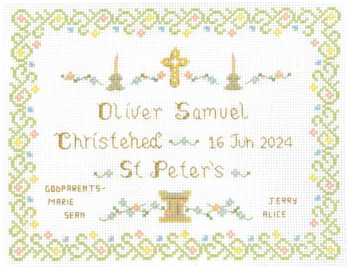 Lifetime Samplers & Decorative Textiles Christening Sampler - Complete Cross Stitch kit on 14 aida with Clear Colour Chart for a boy or Girl with Alphabet to add Your own Names & Date