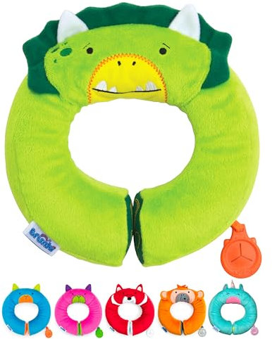 Trunki Reise Nackenkissen Kinder | Kinnstützendes Nackenhörnchen Kinder | Stützt Verschlafene Köpfe im Auto Flugzeug Fahrrad und Kinderwagen | Yondi Reisekissen Kinder Klein Dudley Dinosaurier (Grün)