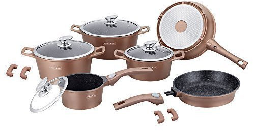 ROYALTY LINE SET 14 PEZZI IN PIETRA PENTOLE PADELLE , MODELLO RL-ES2014M - RAME, PADELLE CON MANICO A SGANCIO RAPIDO