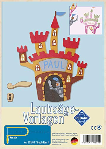 Pebaro 375/6S Laubsägevorlage Türschilder II, Motiv Schloss bzw. Burg, 3mm Sperrholz DIN A 4, Motiv vorgedruckt, aussägen mit Laubsägebogen, basteln, anmalen, fertig, Basteln mit Holz, Geschenkidee
