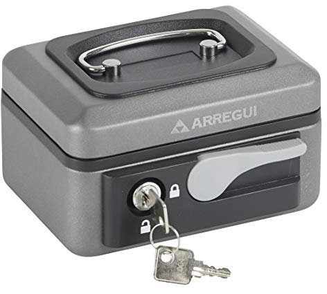 ARREGUI Popup C9716 Geldkassette aus Stahl | Geldbox | 15 cm breit | Abschließbare Kasse mit Geldeinsatz | Kleine Geldkassette mit Schlüssel und Münzeinsatz / Geldeinsatz | Geldkasse | grau