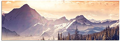 Paul Sinus Art Panoramabild auf Leinwand und Keilrahmen 150x50cm Berge Wald Schnee Wolken Sonnenstrahlen
