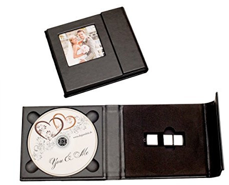 Elegantdisk Leder DVD/USB-Case cm mit Bildfenster. USB Tasche mit DVD Slot. Album für USB, DVD und Foto (Schwarz, USB+1CD)