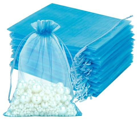 jijAcraft Groß Organzasäckchen 13 × 18CM, Hellblau Organza Beutel, 100 Stück Organzasäckchen Geschenk, Organza Schmuckbeutel mit Kordelzug für Süßigkeiten, Geschenk