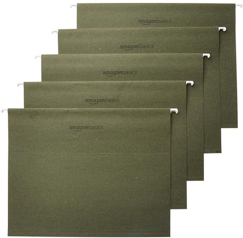 Amazon Basics Hanging File Folders with Adjustable Tabs, Sturdy Expandable Document Organizer, Letter Size 8.5x11 inch, Green, 25-Pack