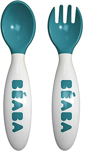 BÉABA, Lot de 2 Couverts Ergonomique d'apprentissage 2ème Âge, Dès 8 mois, Prise en main facile pour Bébé, Adaptée aux droitiers et aux gauchers, Boîte de transport incluse, Bleu