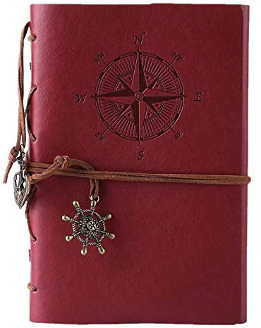 Kunstleder-Tagebuch, Notizbuch, nachfüllbar, Spiralbindung, klassisch, geprägt, Reise-Tagebuch, mit Blanko-Seiten und Retro-Anhängern, von Maleden weinrot