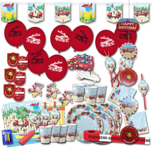 Feuerwehr Geburtstag Deko Partyset XXL - Kindergeburtstag Teller, Becher, Servietten, Luftballons, Einladungskarten & jede Menge Feuerwehr Dekoration