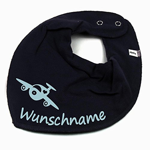 HALSTUCH mit Namen oder Text personalisiert für Baby oder Kind aus Baumwolle in Einheitsgröße Flugzeug blau