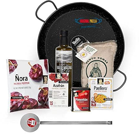 Paella Pan Gift set - 36cm Enamelled Paella Pan, Ingredients and Skimming Spoon