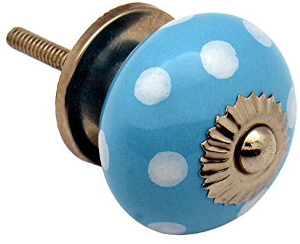 Nicola Spring Ceramic Cupboard Drawer Handle Knob - Polka Dot Design - Light Blue/White