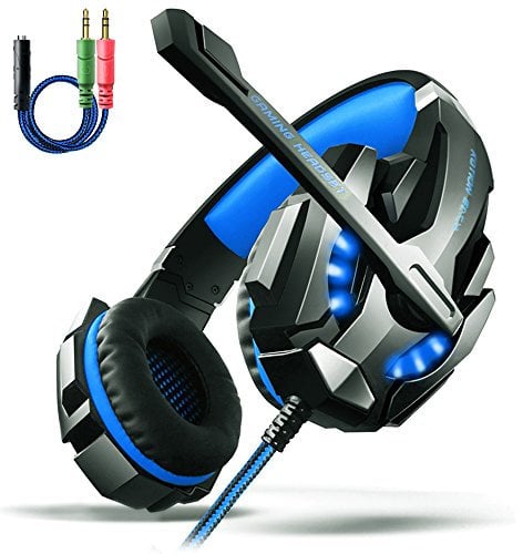 Gaming Kopfhörer PS4, Aoso G9000 Gaming Headset 3.5mm Stereo mit Mikrofon In-line Lautstärkeregler und LED Licht für PS4 Xbox One PC Tablet Smartphone Blau
