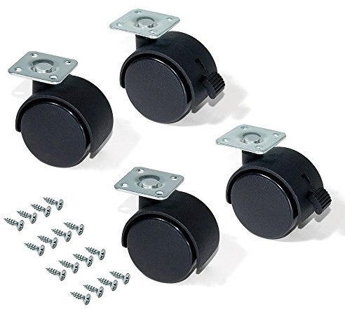 Emuca - Ruedas para muebles, kit de 4 ruedas giratorias gemelas negras con placa de montaje, Ø 50mm, Emuca