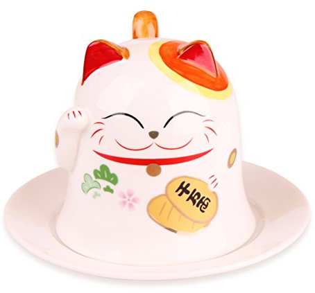 Goodwei Tasse et Soucoupe Design Chat Japonais Maneki Neko - Décoration et porte bonheur (Orange)