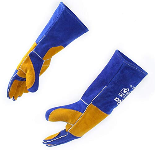 RAPICCA Schweißhandschuhe aus hitze- und feuerfestem Leder für Stick, Mig, Tig, Schmiede, Grill, Grill, Kamin, Holzofen, Ofen, Ofen, Topf Blau 40.6cm