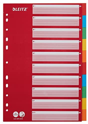Leitz Register für A4, Deckblatt und 10 Trennblätter mit Taben, Rot/Mehrfarbig, Recyclingkarton, 43876000