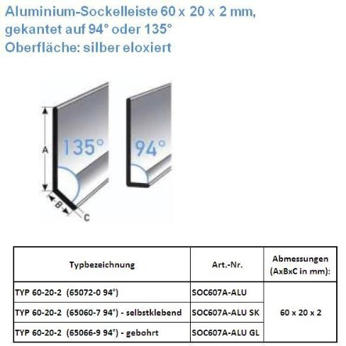 25 Meter Fußleisten / Sockelleisten TYP 60-20-2 (Aluminium silber eloxiert / 65072-0 94°)