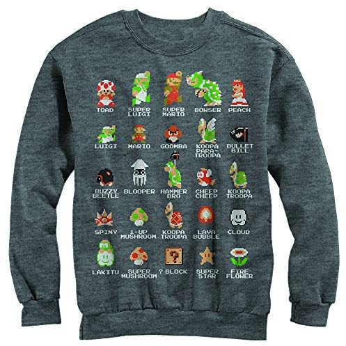 Nintendo Men's Pixel Cast- Crew Fleece Crew Fleece, Medium, Charcoal Heather