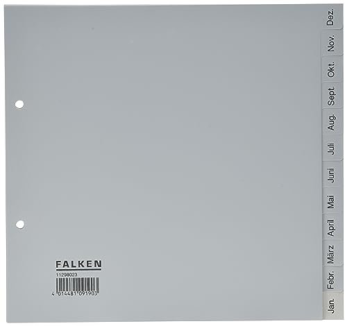 Original Falken PP Kunststoff-RegisterFür DIN A4 22,5 x 21 cm halbe Höhe Druck Dez.-Jan. 12 Blatt grau Ringbuch Ordner Plastikregister ideal für Büro und Schule