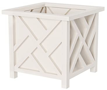 Lattice Design Outdoor Planter Box - 14.75” Square 13” Tall White Plant Pot - Decorative Plant Pots for Front Porch Decor - Flower Pots Outdoor Planters for Porch Patio or Garden Decor by Pure Garden