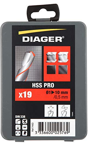 DIAGER - Forets HSS meulé taillé - Coffret de 19 forets - Perçages aciers alliés et non-alliés - Usage polyvalent - diamètre 1 à 10mm/0,5mm