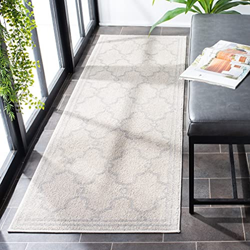 SAFAVIEH Amherst Collection Runner Rug - 2'3 x 7', Ivory & Light Grey, Trellis Design, Non-Shedding & Easy Care, Ideal for High Traffic Areas in Living Room, Bedroom (AMT414E)