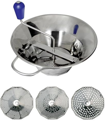 LOUIS TELLIER - Moulin à Légumes Manuel en Inox - Professionnel - 3 Grilles Incluses - Productivité (1,5 kg/minute) - Soupes, Purée, Compotes, Coulis – Robuste – 31x31x25cm - Fabriqué en France