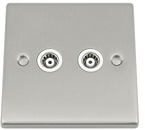 TV Coaxial Aerial Socket Double 2 Gang - Satin Matt Chrome Square - White Insert