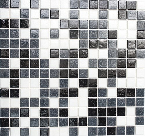 Mosaik Quadrat mix weiß/grau/schwarz Glasmosaik mit Effekt Spots Fliesenspiegel, Mosaikstein Format: 20x20x4 mm, Bogengröße: 327x305 mm, 10 Bögen