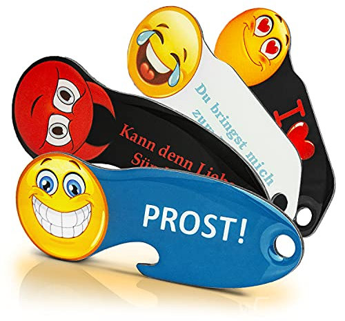 Einkaufswagenlöser Smiley 4er Set/Schlüsselanhänger Einkaufschip mit Schlüsselfundservice/Abziehbarer Einkaufswagenchip Metall, Chip Einkaufswagen, Key Finder