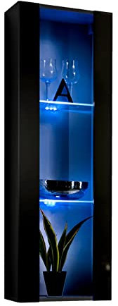 MB Muebles Bonitos, Vitrina Colgante Nora V2 para Salón o Comedor Moderno con Luz LED, Mueble Modular, Puerta de PVC Alto Brillo, Estructura Melamina Mate, Color Negro, 40x126x29 cm