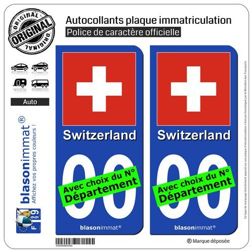 blasonimmat 2 Autocollants Plaque immatriculation Auto : Suisse - Drapeau