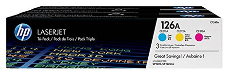 HP 126A 3-pack Cyan/Magenta/Yellow Original LaserJet Toner Cartridges Page Yield 1000 (P/N CF341A)