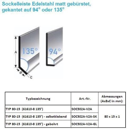 50 Meter Fußleisten/Sockelleisten TYP 80-15 (Edelstahl gebürstet und foliert / 61610-8 135° SK) - selbstklebend